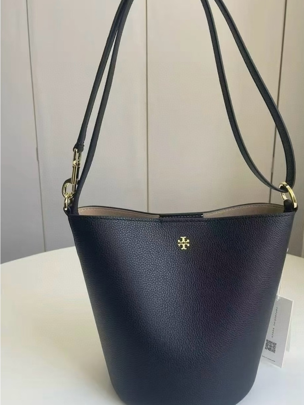 Tory Burch Black Pebbled Leather Bucket Shoulder Bag with Gold Logo